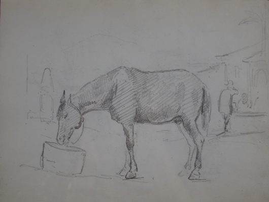 Camille Pissarro (1830-1903), 'A Horse Drinking From a Bucket with Figures in the Background.' Black lead and ink on paper, 7 ⅞ x 10 ⅜ inches (20 x 26.5 cm), framed 15 ⅛ x 17 ¾ inches (38.5 x 45.1 cm). Executed in Venezuela circa 1852-1854. Image courtesy Stern Pissarro Gallery